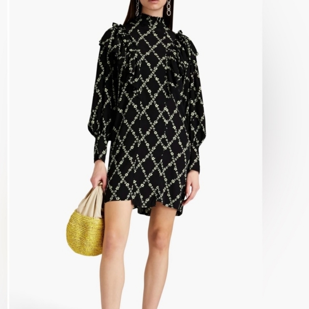 Ganni Black and White Patterned Mini Dress